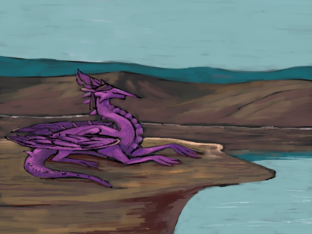 digital painting. a purple ridgeback dragon lying down on a rock, overlooking a large lake.
