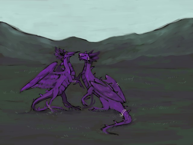 digital painting of two purble dragons facing each other on a grassy landscape.