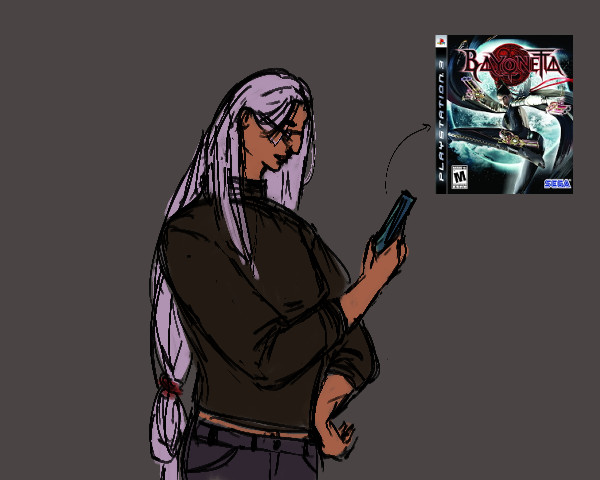 digital drawing of rider (medusa) in her casual clothes, holding a copy of bayonetta for the ps3
