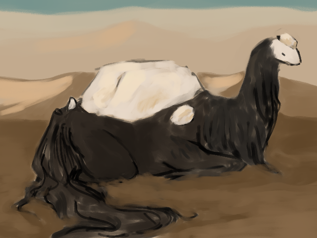 digital painting. a black camel-like creature with alabaster sprouting from its back lies down on the sand.