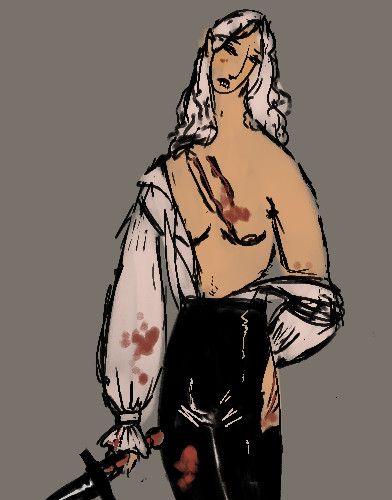 digital drawing of a vampire, her head hanging, clothes — a period shirt tucked into shiny trousers — torn and bloody. she holds a sword in one hand.