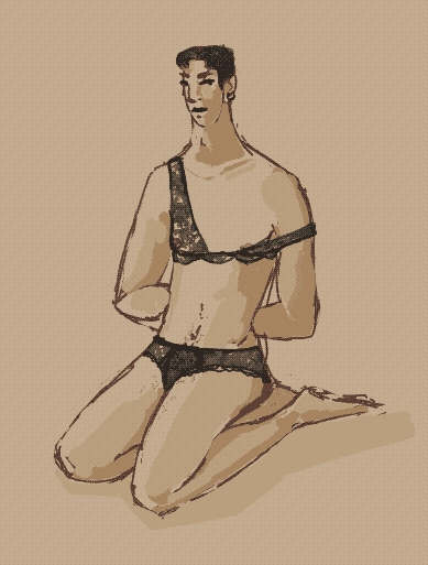 digital drawing. a woman sitting on her knees, arms behind her back. one side of her lace bra has fallen down her shoulder.