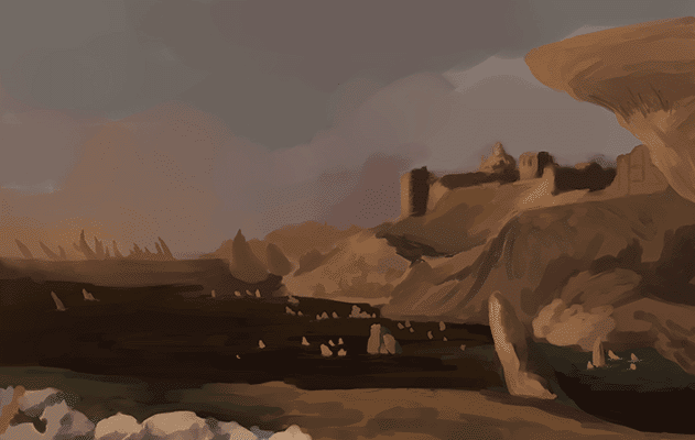 painting of a landscape. the sky is a warm gray and the sea is dark and calm, punctuated with light colored, jagged rocks. a fortress sits atop a rocky hill, overlooking the bay from afar