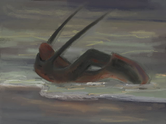 digital pastel painting. an abstract object (or two?) entertwined, lying on the sea shallows