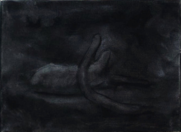 very dark charcoal drawing. an abstract object straddles another.