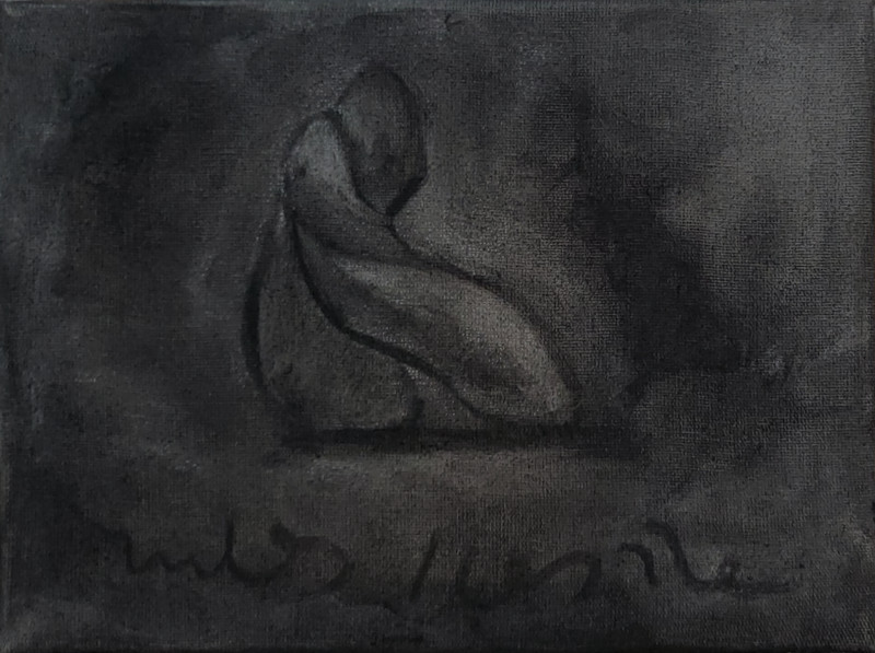 charcoal drawing. two twisted abstract objects lean against each other. asemic writing below.