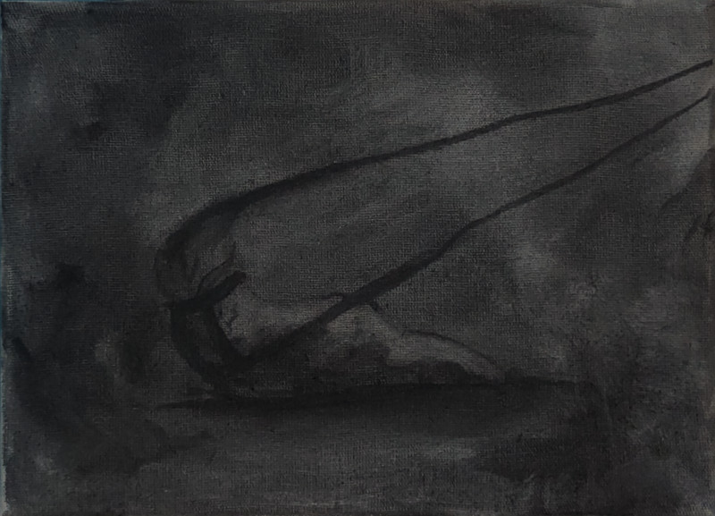 charcoal drawing. an object in bondage, leashed off canvas.