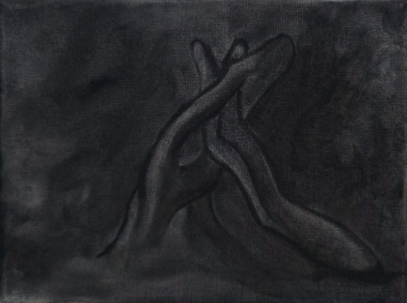 charcoal drawing. an abstract object penetrates a slit on another.