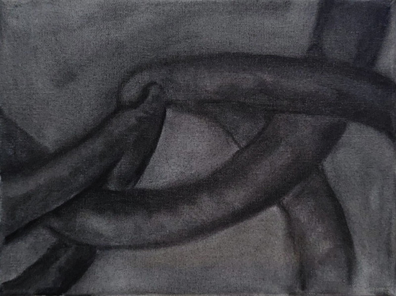 charcoal drawing. two forked objects rub tips. a larger object rubs against both of their forks.