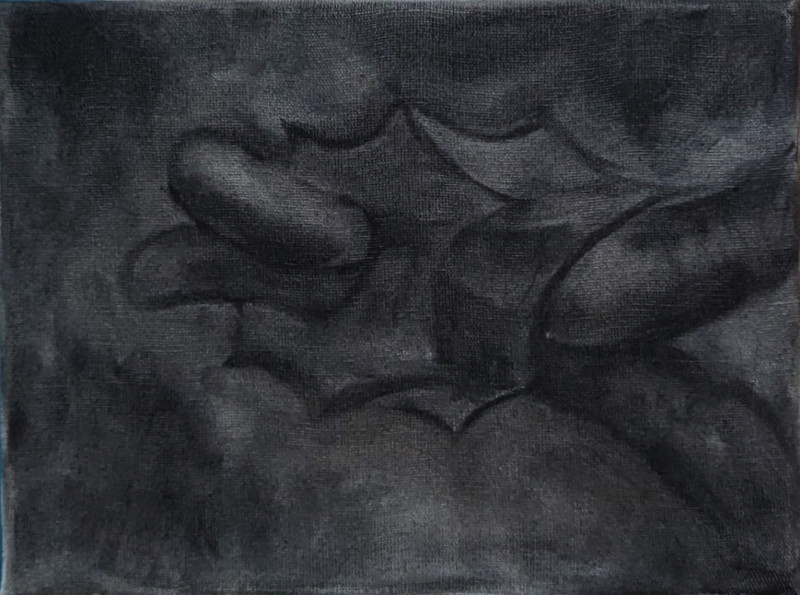 charcoal drawing. two objects bound together by a ring.