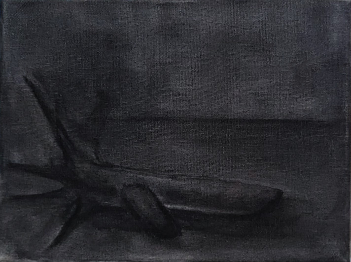 charcoal drawing. a small object leans against a larger one, with spikes at one end.