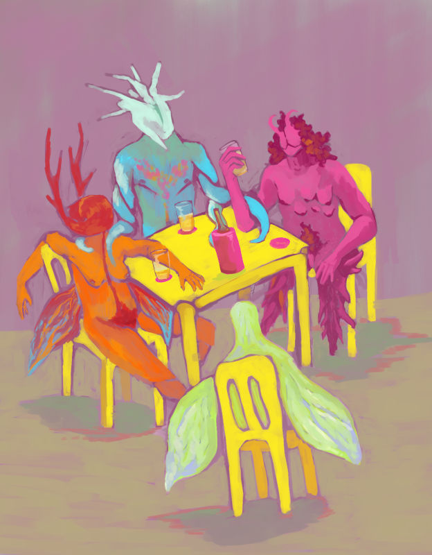 rough digital painting; four colorful surreal transexuals sitting at a bar table, with glasses of beer. one of them is an angel