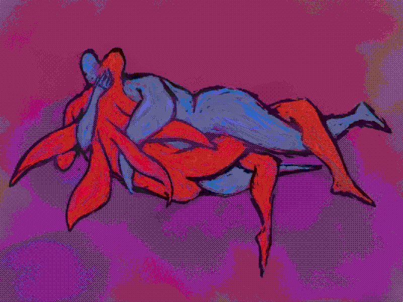 digital drawing. red and blue abstracted angels lie down in embrace