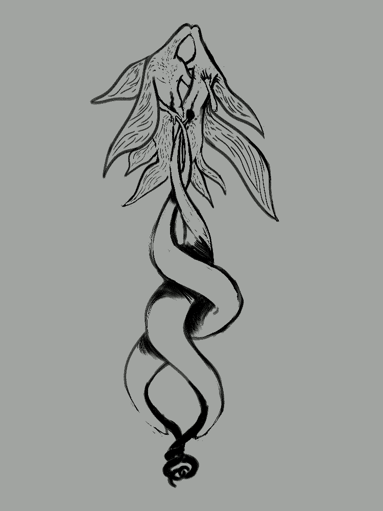 monochrome digital drawing. two transexual angels embrace, and their dicks coil around one another like mating slugs
