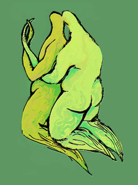 digital drawing in shades of bright green. two abstracted figures spooning.