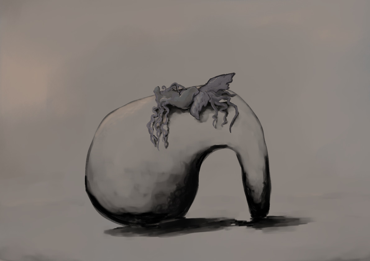 digital painting, warm midtone grays, deep black shadows. two abstracted figures, winged, tentacled, fuck atop a structure.