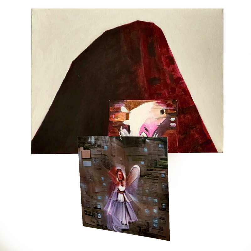 canvas composition. a dark red geometric tower, seen from below, against a plain white background. an abstract angel is painted in front of it, slightly cut off, behind its synthetic version.