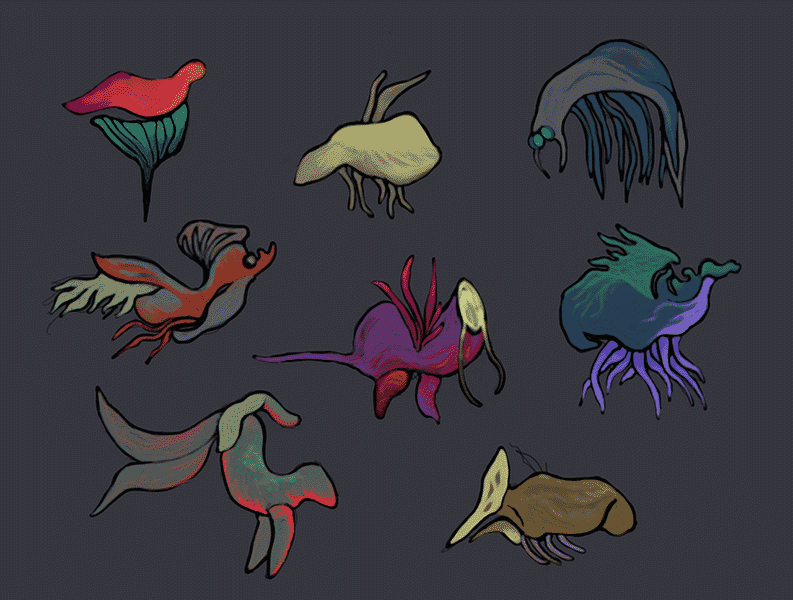 eight abstracted and colorful marine creatures, viewed from the side, against a solid background