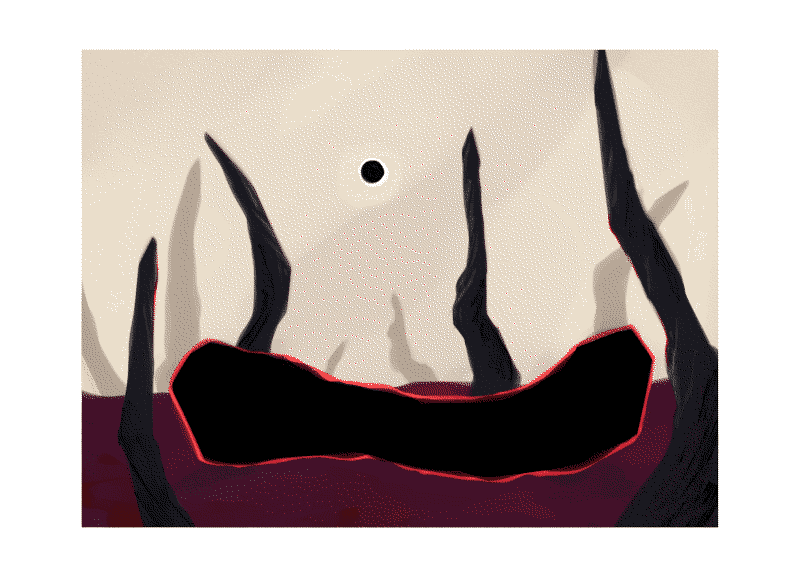 an odd, long black shape with a red aura, laying on a field of black spikes or spires under a black sun
